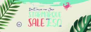 Starmarque Sale Poster with sandy beach with palm leaves and a cr